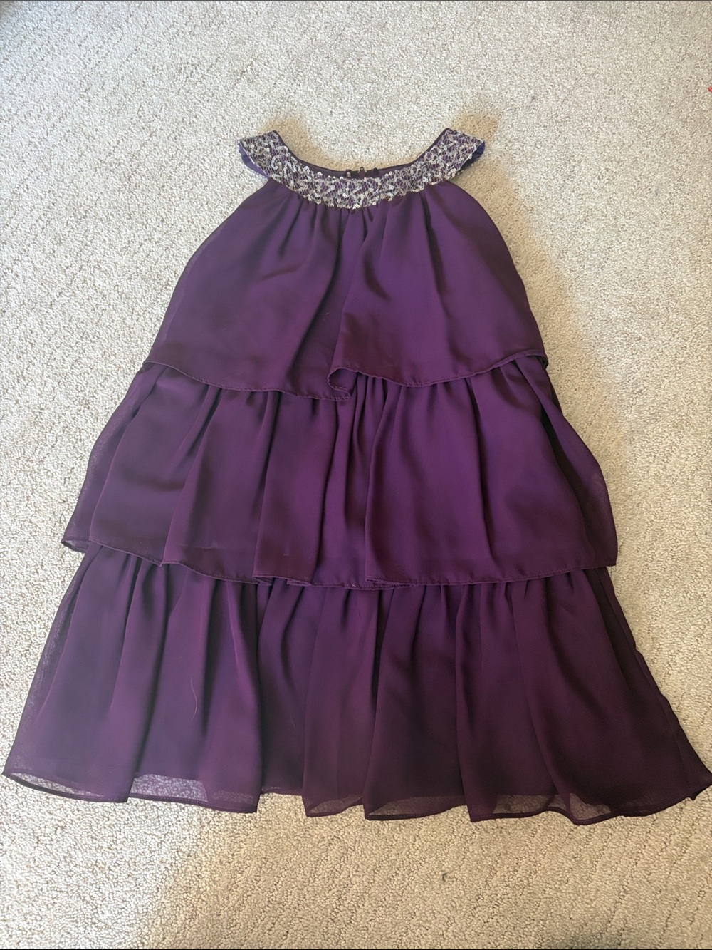Girls Purple Tiered Chiffon Party Dress with Embellished Collar